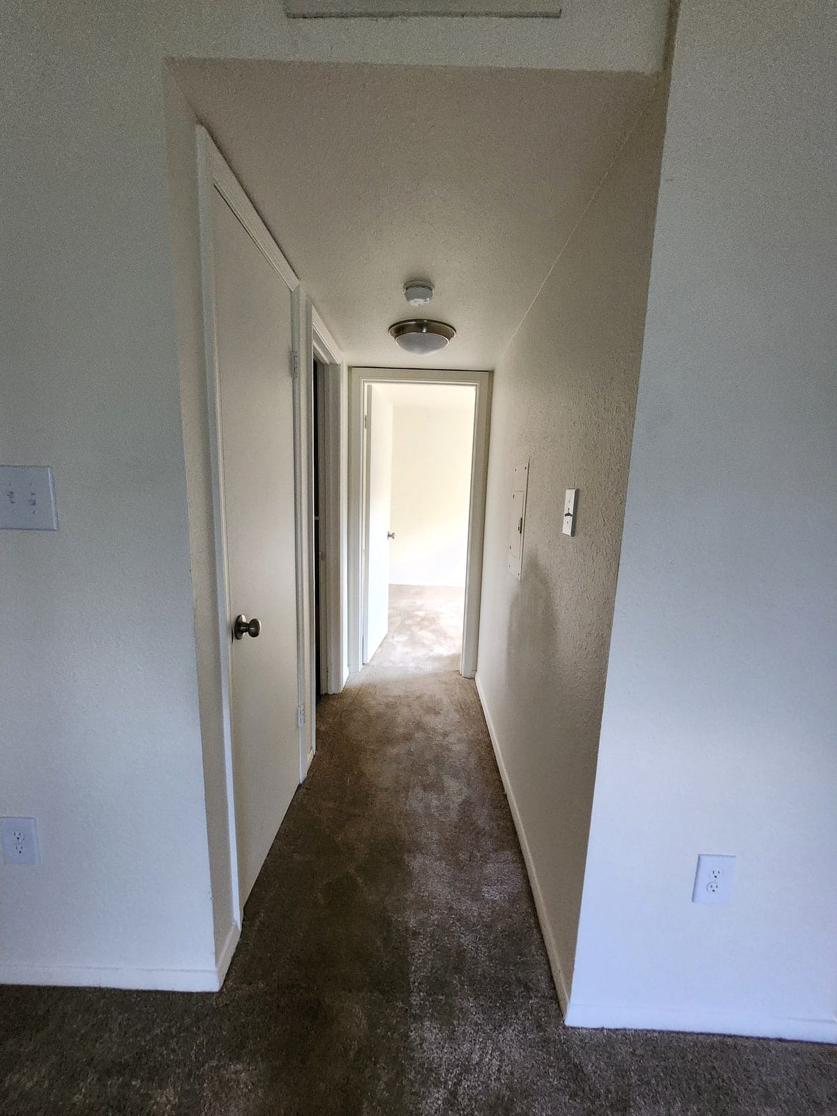 A carpeted hallway at Prince Frederick Village leading past white doors to a bright bedroom
